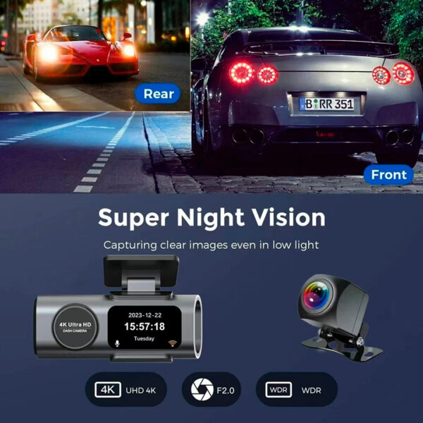 Cámara de Tablero Dual 4K UHD Frontal y 1080P Trasera con WiFi, Control de App Inteligente, Visión Nocturna Súper, Sensor G, Grabación en Bucle - Imagen 10