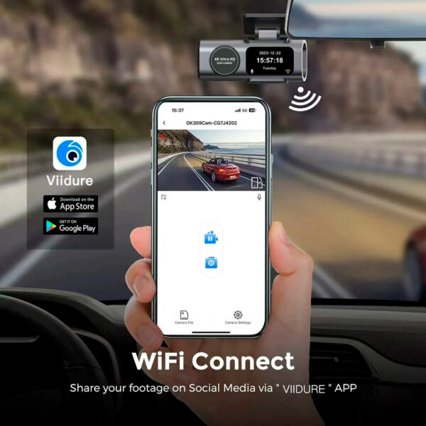 Cámara de Tablero Dual 4K UHD Frontal y 1080P Trasera con WiFi, Control de App Inteligente, Visión Nocturna Súper, Sensor G, Grabación en Bucle - Imagen 6